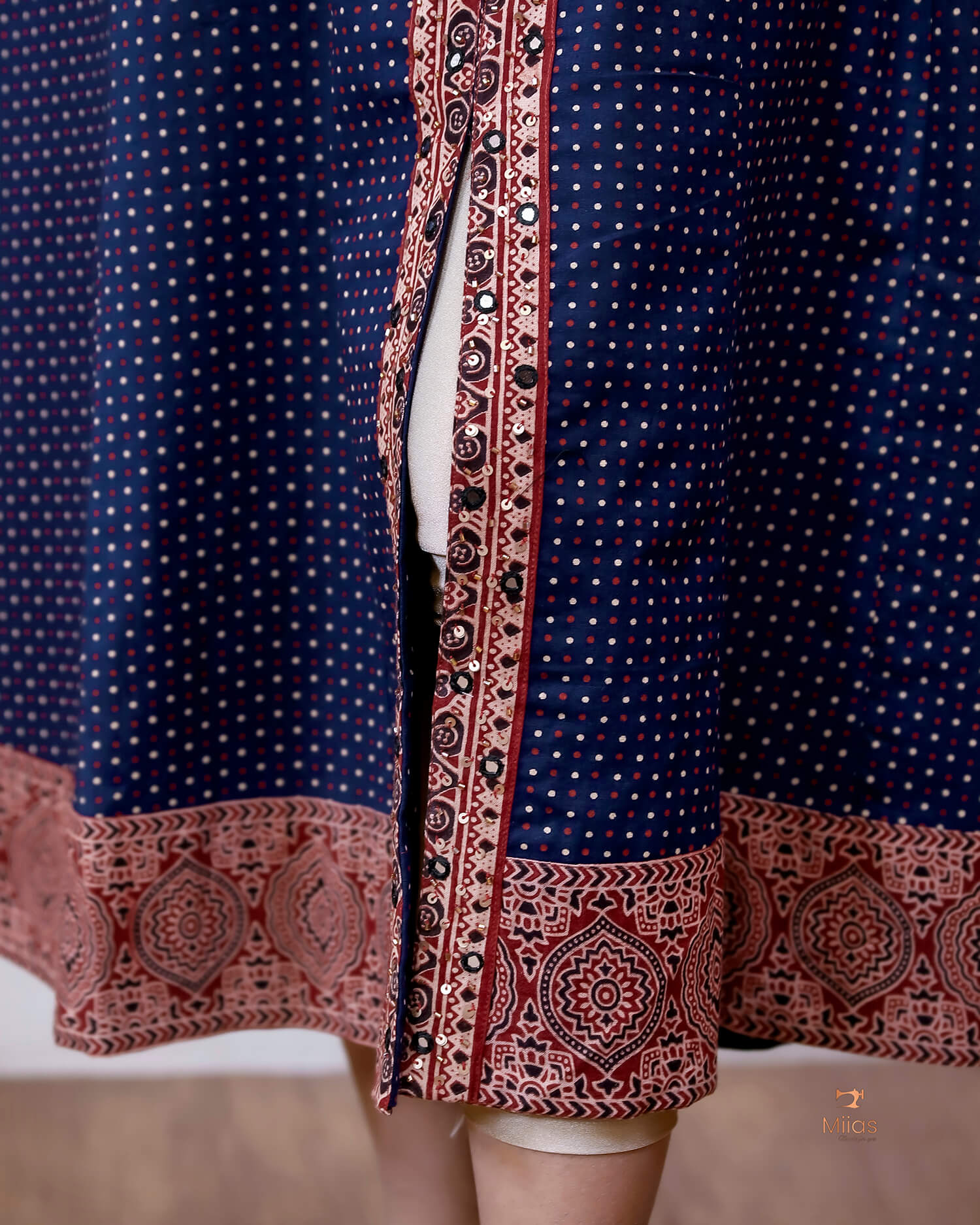 Ajrakh Cotton Kurti – Mirrored Panel Dress with Sequins-Blue.