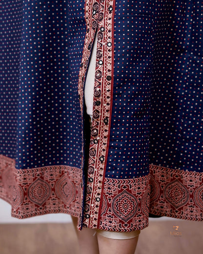 Ajrakh Cotton Kurti – Mirrored Panel Dress with Sequins-Blue.