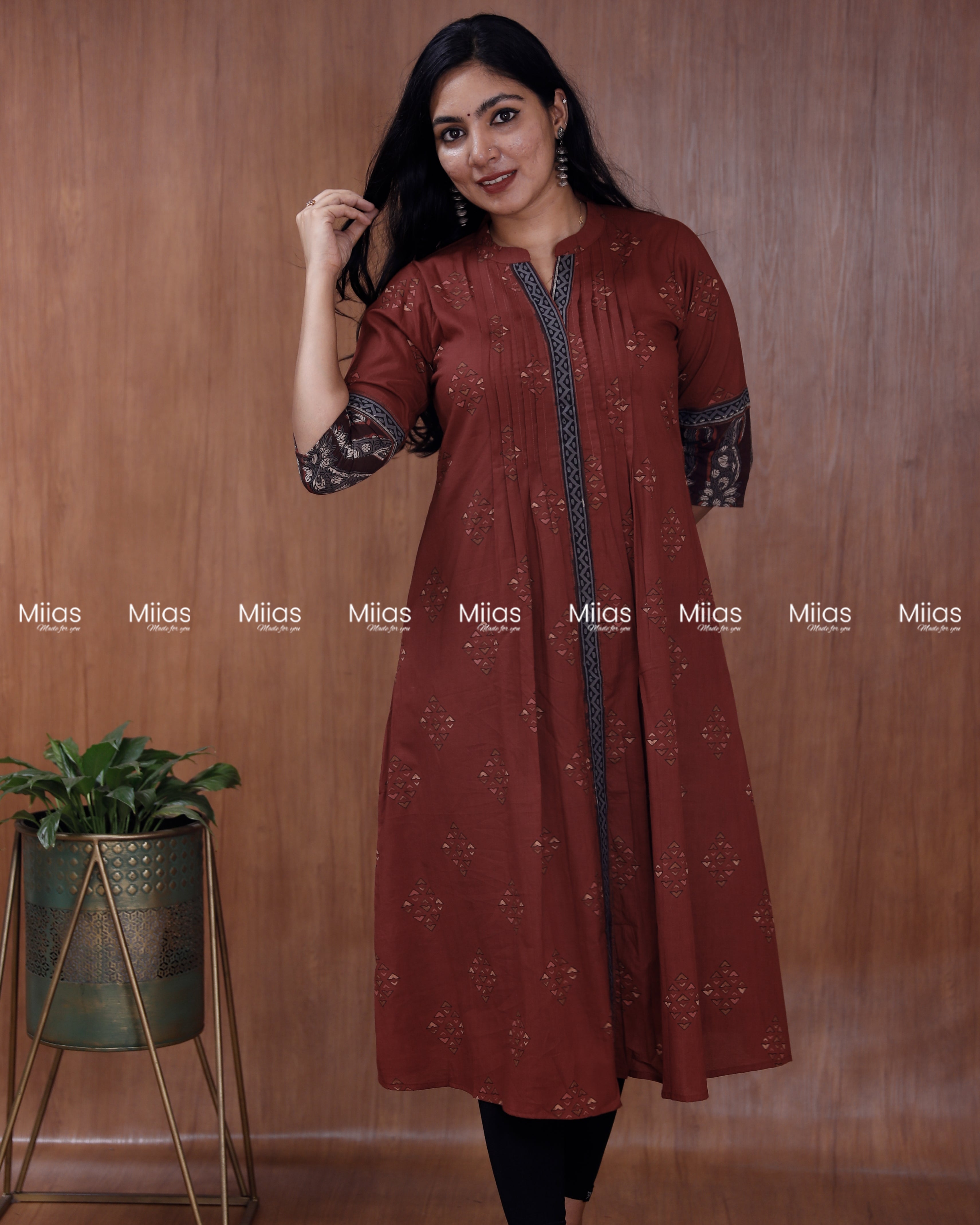 Ajrakh Cotton Dress Kurti | Pintuck + Contrast Slit Border | Brick Red