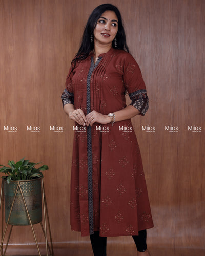 Ajrakh Cotton Dress Kurti | Pintuck + Contrast Slit Border | Brick Red