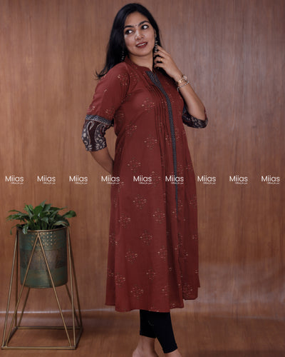 Ajrakh Cotton Dress Kurti | Pintuck + Contrast Slit Border | Brick Red