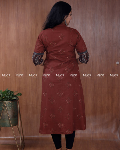 Ajrakh Cotton Dress Kurti | Pintuck + Contrast Slit Border | Brick Red
