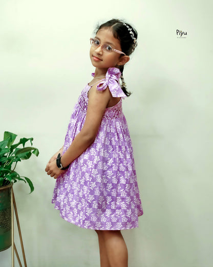 Cotton Kids Frock w/ Smocking & Adjustable Ties