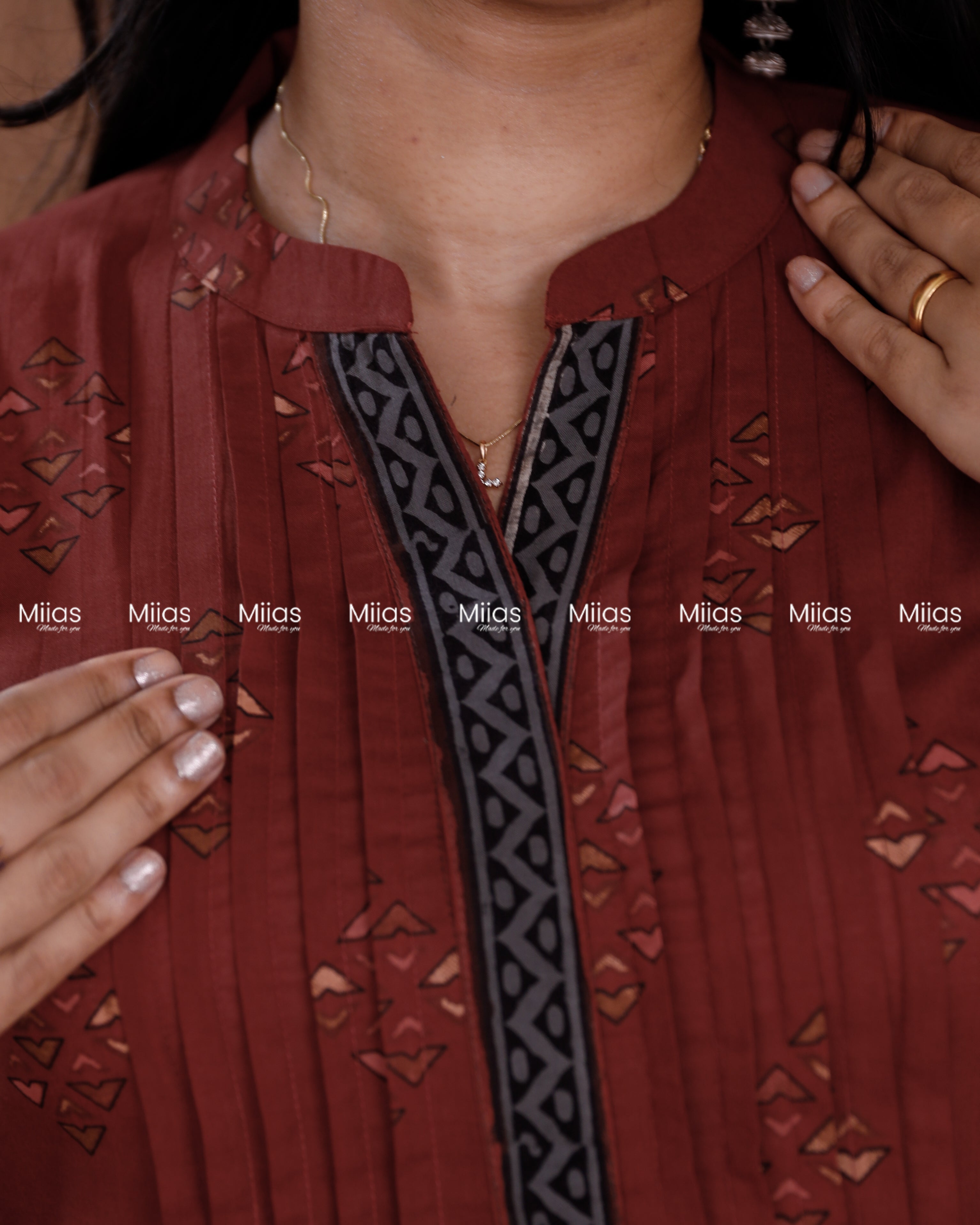 Ajrakh Cotton Dress Kurti | Pintuck + Contrast Slit Border | Brick Red