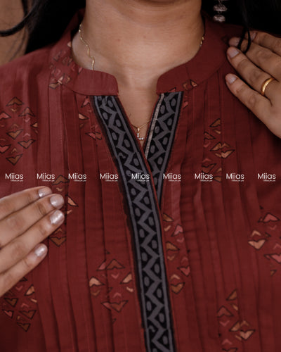 Ajrakh Cotton Dress Kurti | Pintuck + Contrast Slit Border | Brick Red
