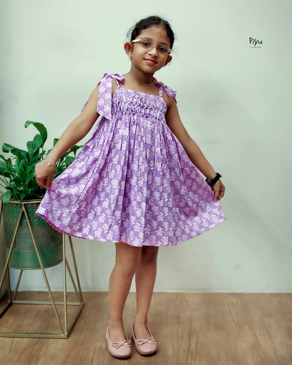 Cotton Kids Frock w/ Smocking & Adjustable Ties