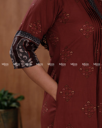 Ajrakh Cotton Dress Kurti | Pintuck + Contrast Slit Border | Brick Red