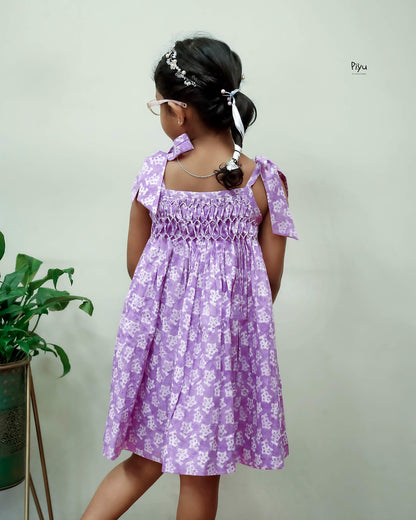 Cotton Kids Frock w/ Smocking & Adjustable Ties