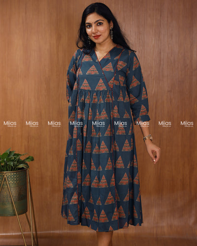 Ajrakh South Cotton 3-Panel Kurti | Pleated Flare + Piping | Blue