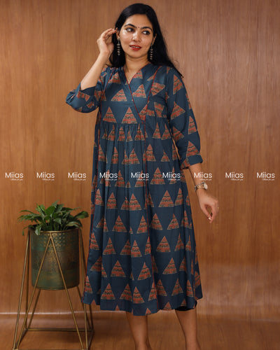 Ajrakh South Cotton 3-Panel Kurti | Pleated Flare + Piping | Blue