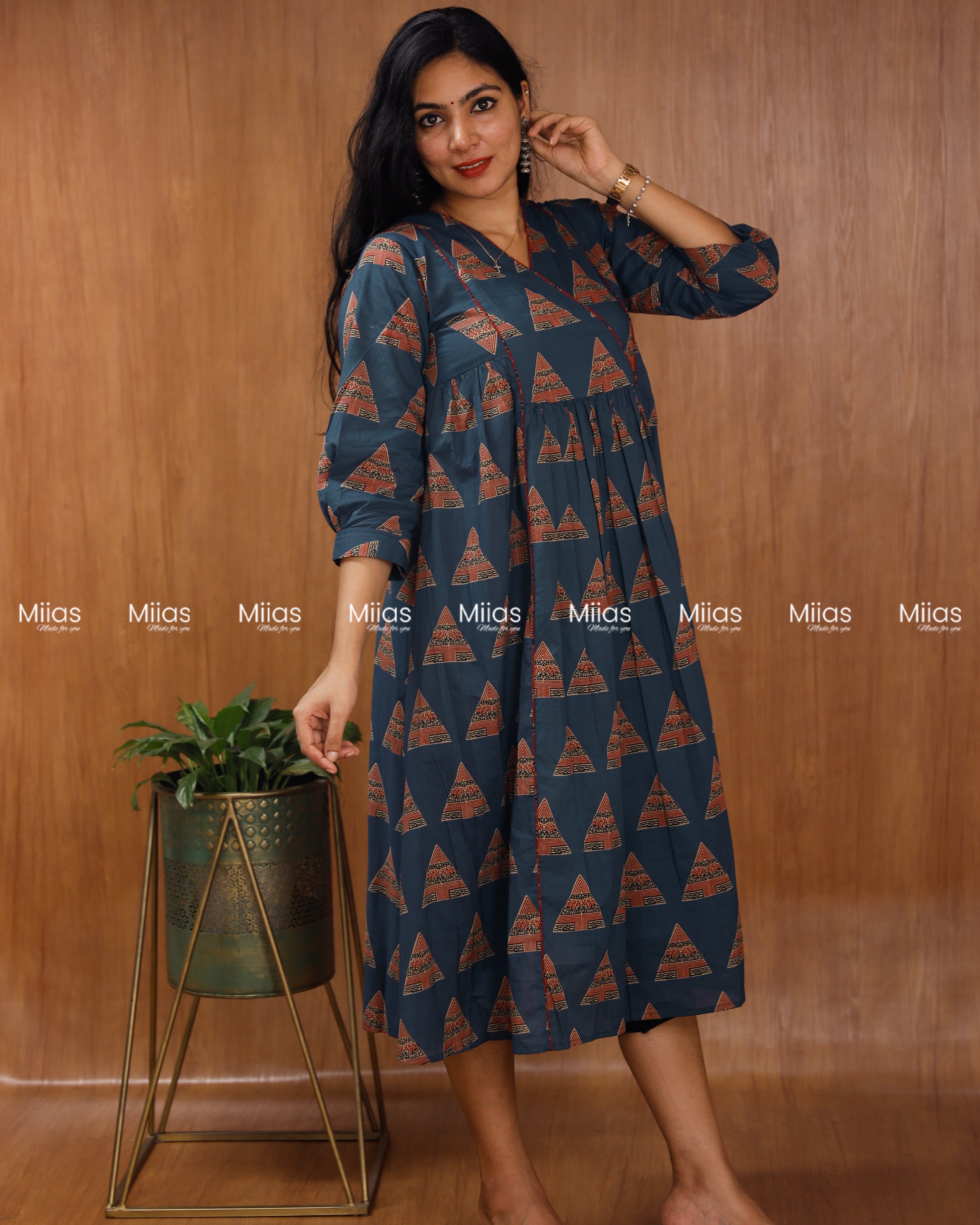 Ajrakh South Cotton 3-Panel Kurti | Pleated Flare + Piping | Blue
