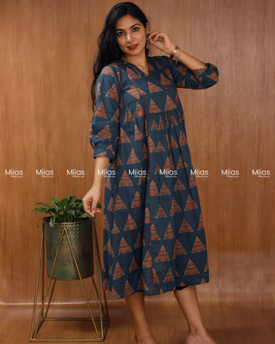 Ajrakh South Cotton 3-Panel Kurti | Pleated Flare + Piping | Blue