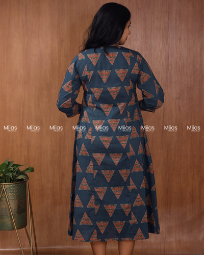 Ajrakh South Cotton 3-Panel Kurti | Pleated Flare + Piping | Blue