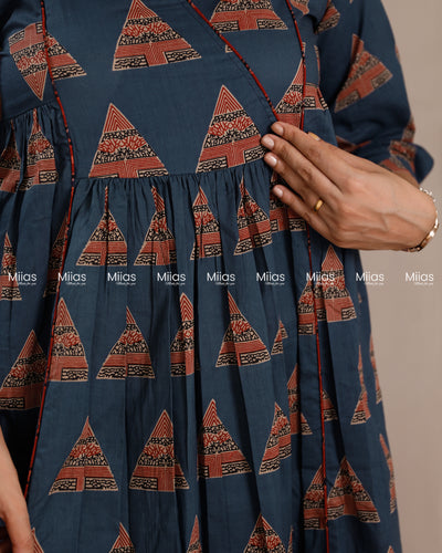 Ajrakh South Cotton 3-Panel Kurti | Pleated Flare + Piping | Blue