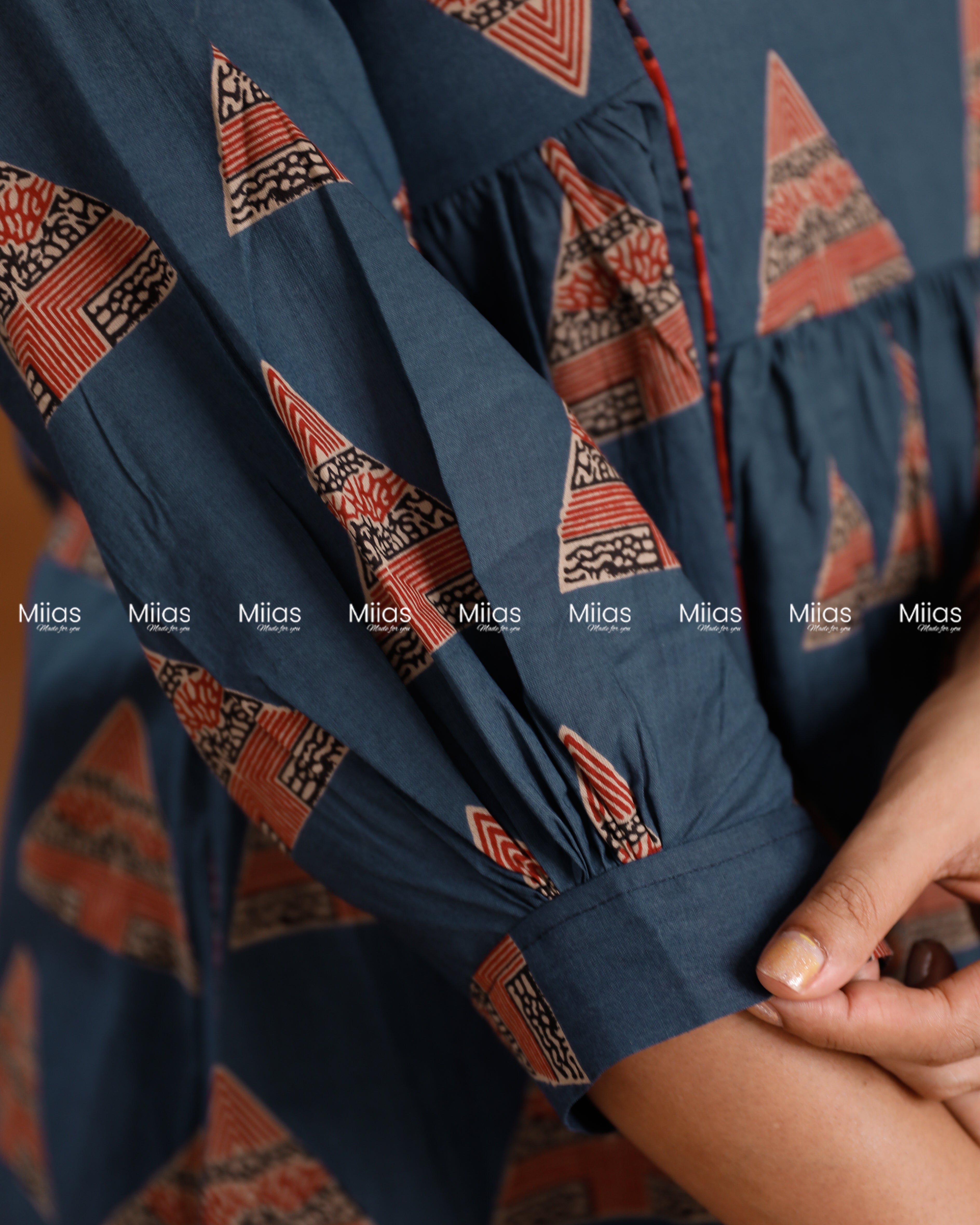 Ajrakh South Cotton 3-Panel Kurti | Pleated Flare + Piping | Blue