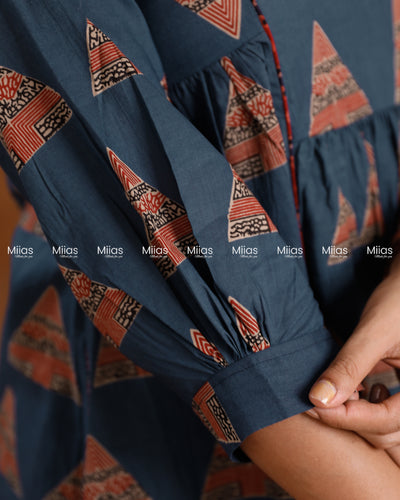 Ajrakh South Cotton 3-Panel Kurti | Pleated Flare + Piping | Blue