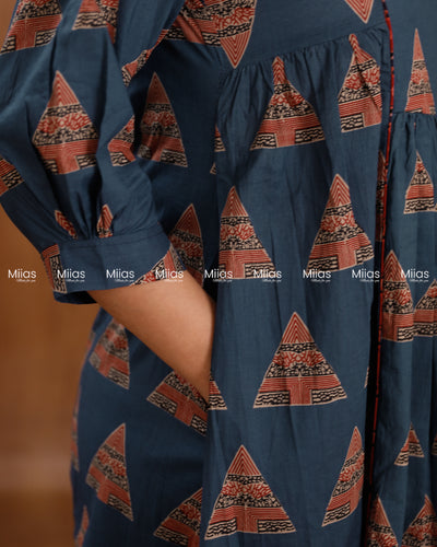 Ajrakh South Cotton 3-Panel Kurti | Pleated Flare + Piping | Blue