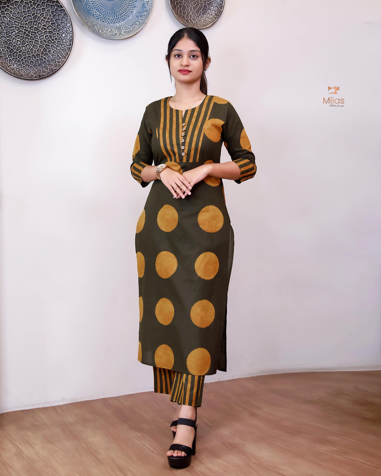 Cotton Co-ord Set: Polka Dot Top & Line-Print Bottom.