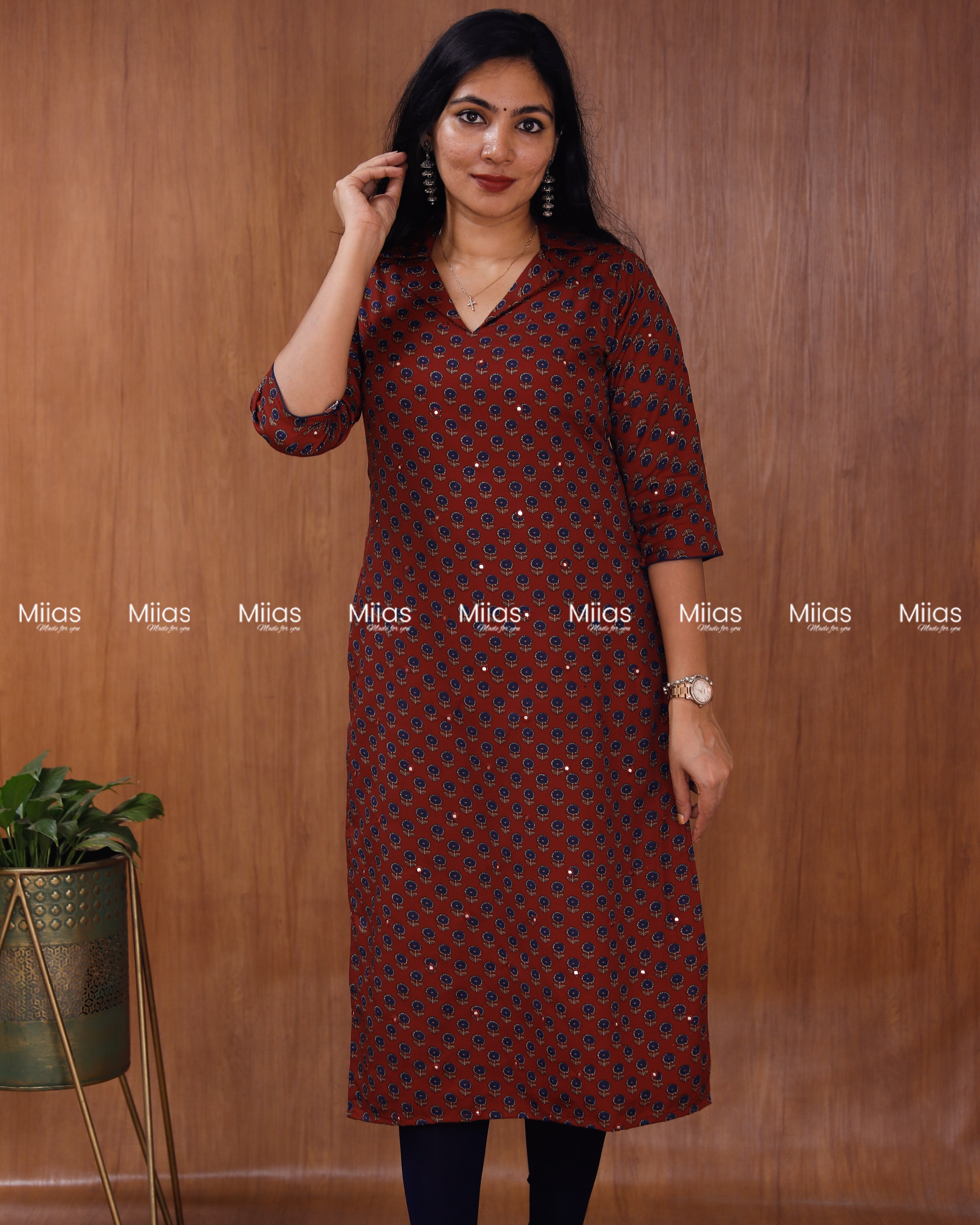 Cotton-Mix Slit Kurti | Ajrakh Print + Mirror Work | Brick Red