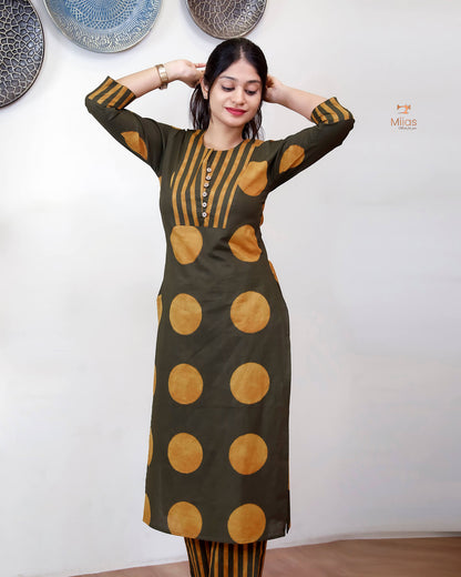 Cotton Co-ord Set: Polka Dot Top & Line-Print Bottom.