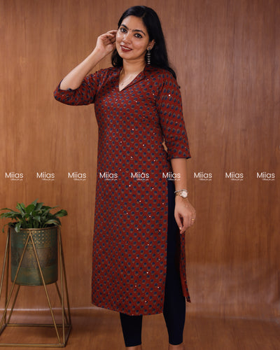 Cotton-Mix Slit Kurti | Ajrakh Print + Mirror Work | Brick Red