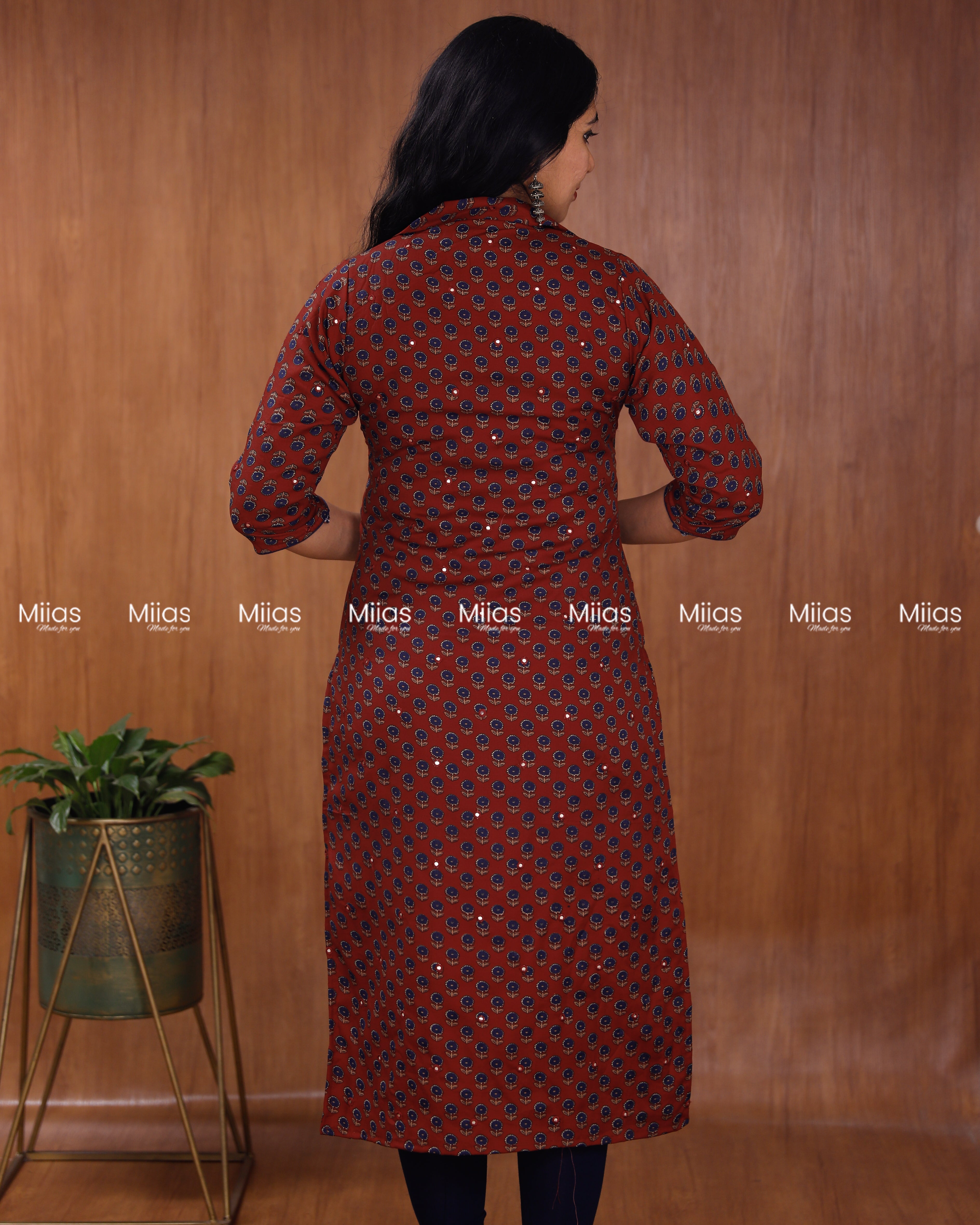 Cotton-Mix Slit Kurti | Ajrakh Print + Mirror Work | Brick Red