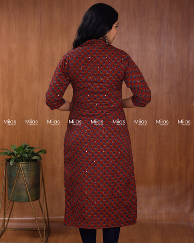 Cotton-Mix Slit Kurti | Ajrakh Print + Mirror Work | Brick Red
