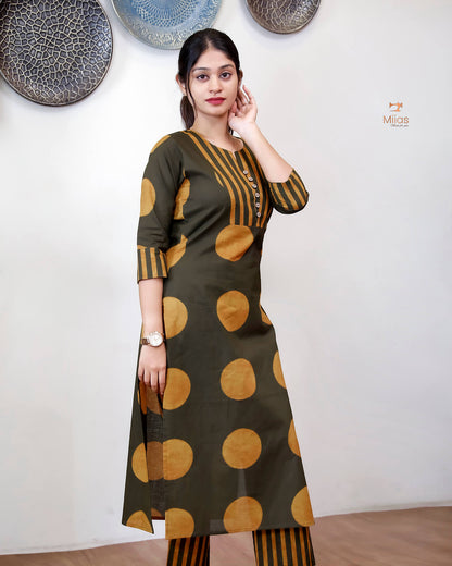 Cotton Co-ord Set: Polka Dot Top & Line-Print Bottom.