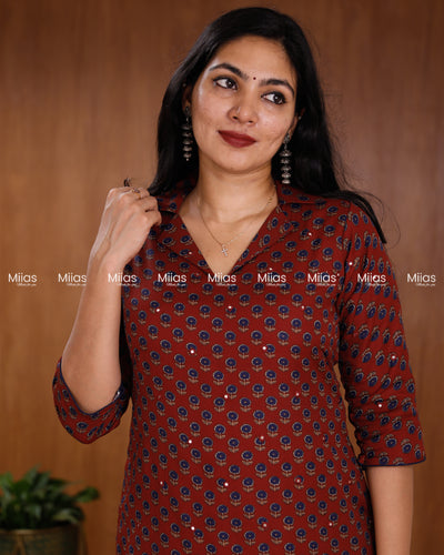 Cotton-Mix Slit Kurti | Ajrakh Print + Mirror Work | Brick Red