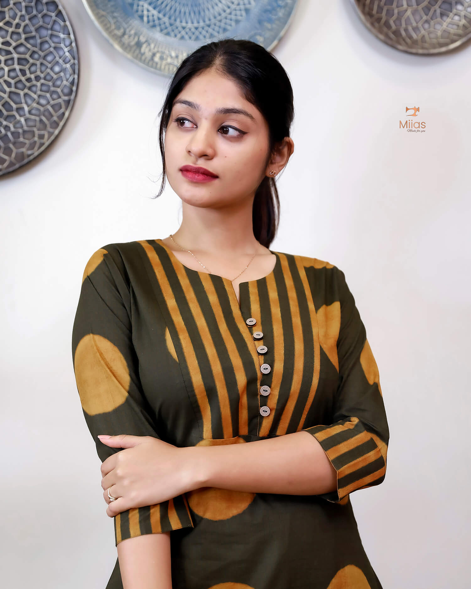 Cotton Co-ord Set: Polka Dot Top & Line-Print Bottom.