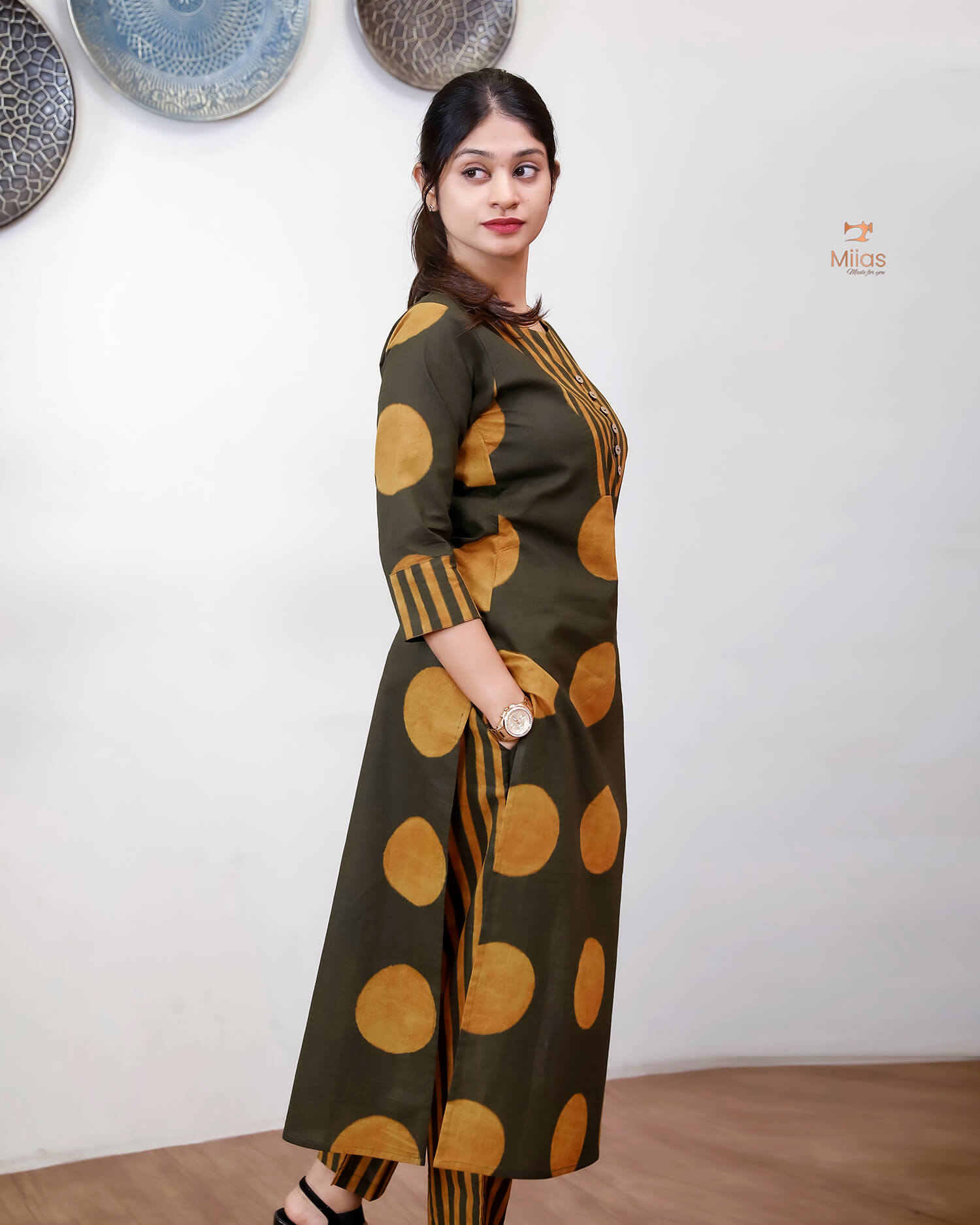 Cotton Co-ord Set: Polka Dot Top & Line-Print Bottom.