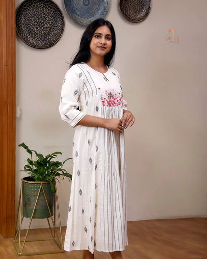 Pure Cotton Three-Panel Kurti | Embroidered & Beaded Neck-Inverted Print