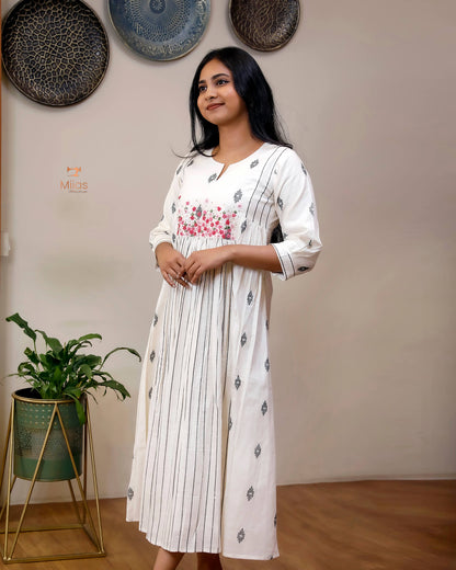 Pure Cotton Three-Panel Kurti | Embroidered & Beaded Neck-Inverted Print