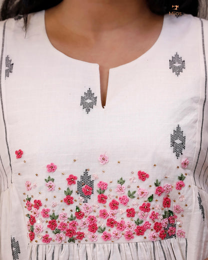 Pure Cotton Three-Panel Kurti | Embroidered & Beaded Neck-Inverted Print