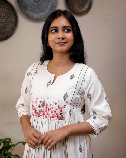 Pure Cotton Three-Panel Kurti | Embroidered & Beaded Neck-Inverted Print