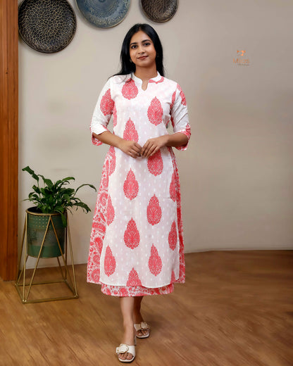 Jaipur Print Cotton Kurti with Jacket Style Back-Peach