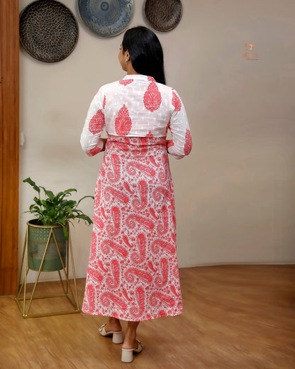 Jaipur Print Cotton Kurti with Jacket Style Back-Peach