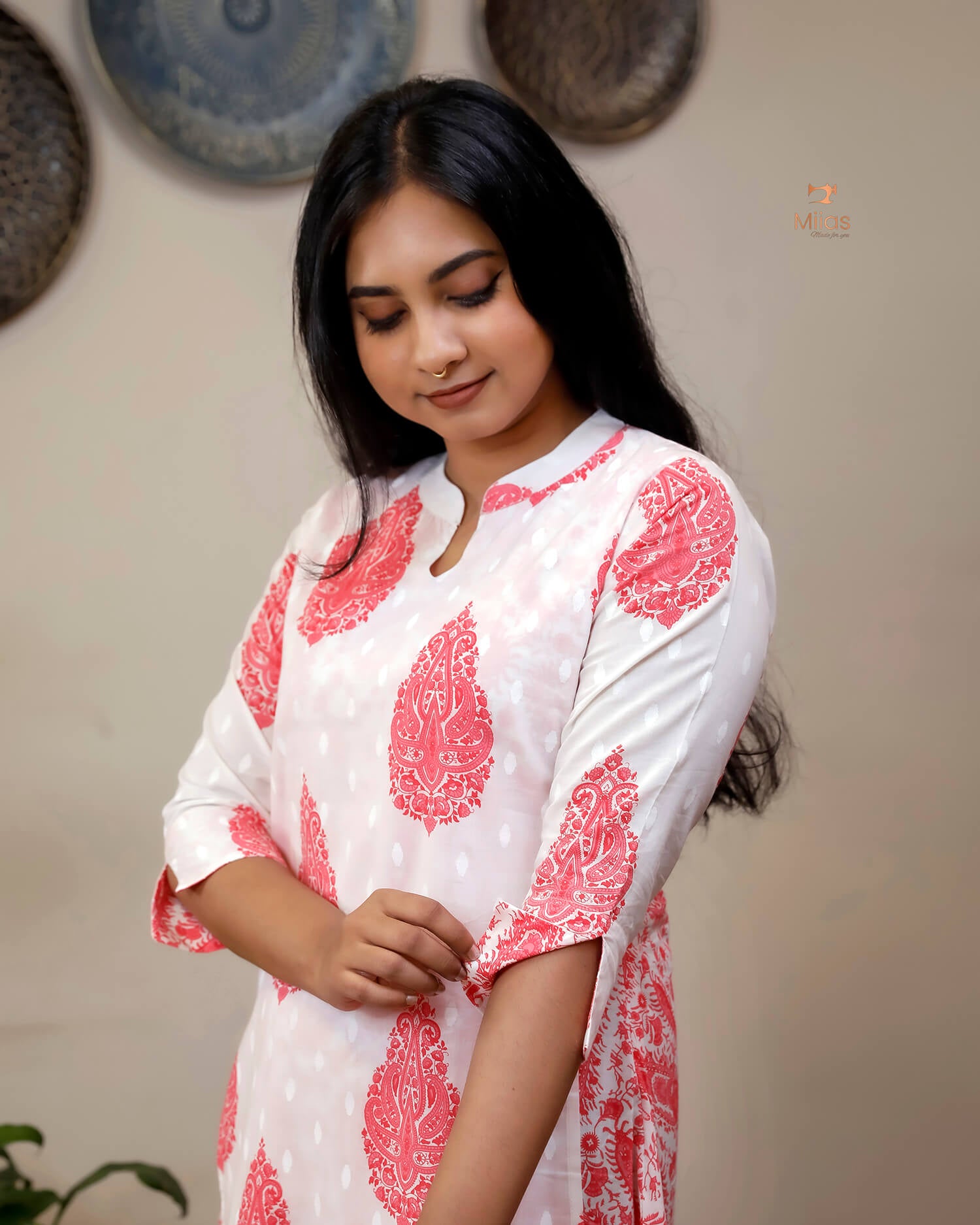 Jaipur Print Cotton Kurti with Jacket Style Back-Peach