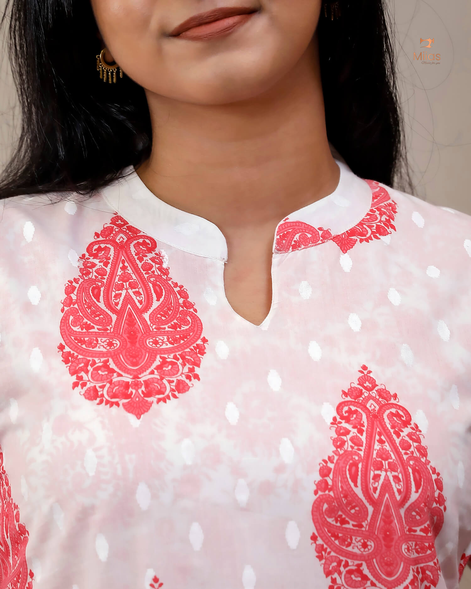 Jaipur Print Cotton Kurti with Jacket Style Back-Peach