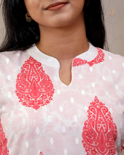 Jaipur Print Cotton Kurti with Jacket Style Back-Peach
