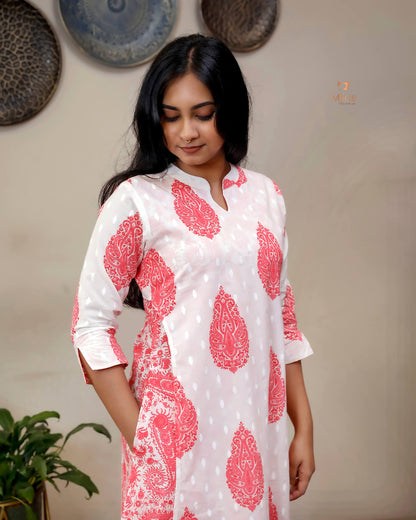 Jaipur Print Cotton Kurti with Jacket Style Back-Peach