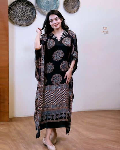 Modal Silk Kaftan | Folding Collar Flowing Drape | Black
