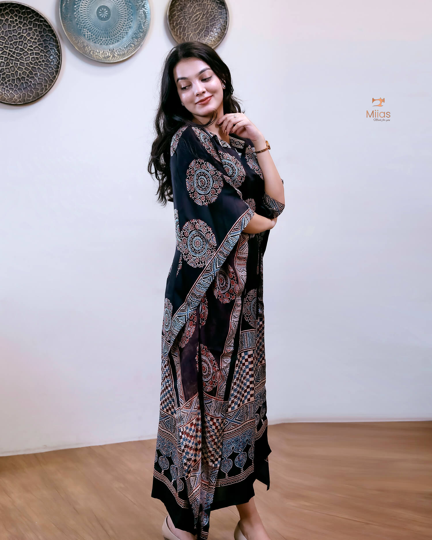 Modal Silk Kaftan | Folding Collar Flowing Drape | Black