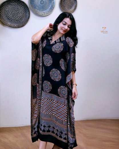 Modal Silk Kaftan | Folding Collar Flowing Drape | Black