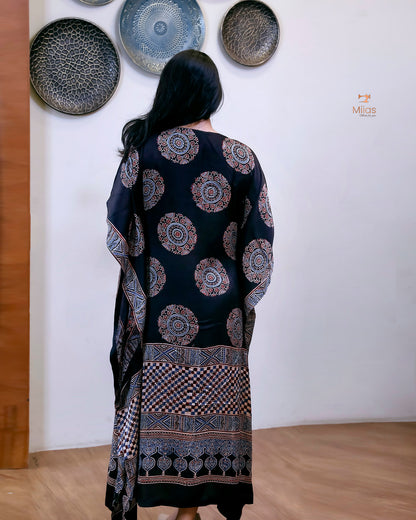 Modal Silk Kaftan | Folding Collar Flowing Drape | Black