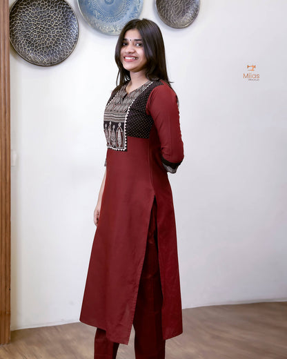 Lawn Cotton 3-Pc: Ajrakh Print Yoke & Dupatta Set-Reddish Maroon
