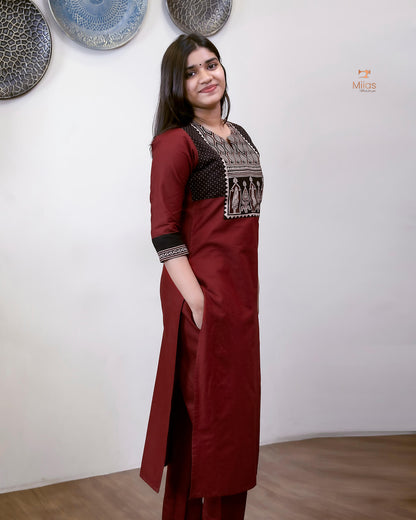 Lawn Cotton 3-Pc: Ajrakh Print Yoke & Dupatta Set-Reddish Maroon