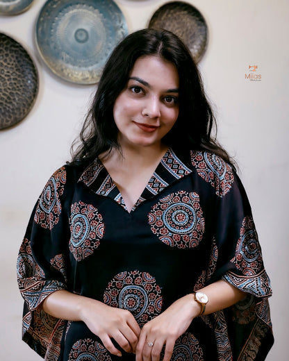 Modal Silk Kaftan | Folding Collar Flowing Drape | Black