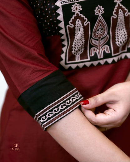 Lawn Cotton 3-Pc: Ajrakh Print Yoke & Dupatta Set-Reddish Maroon