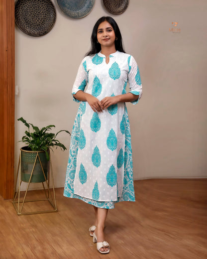 Jaipur Print Cotton Kurti with Jacket Style Back-Blue